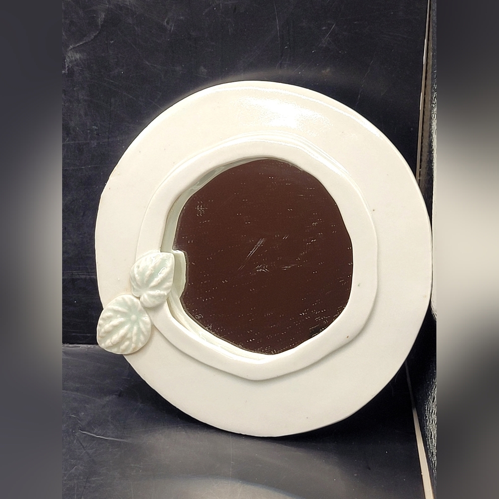 Vintage Handmade Ceramic Framed Mirror White Floral 6” Round Wall Decor
